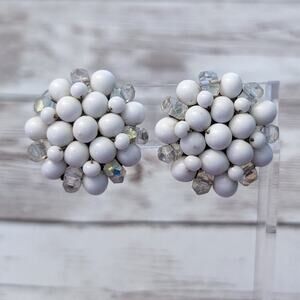Vintage Clip On Earrings - Large White with Iridescent Beads Statement